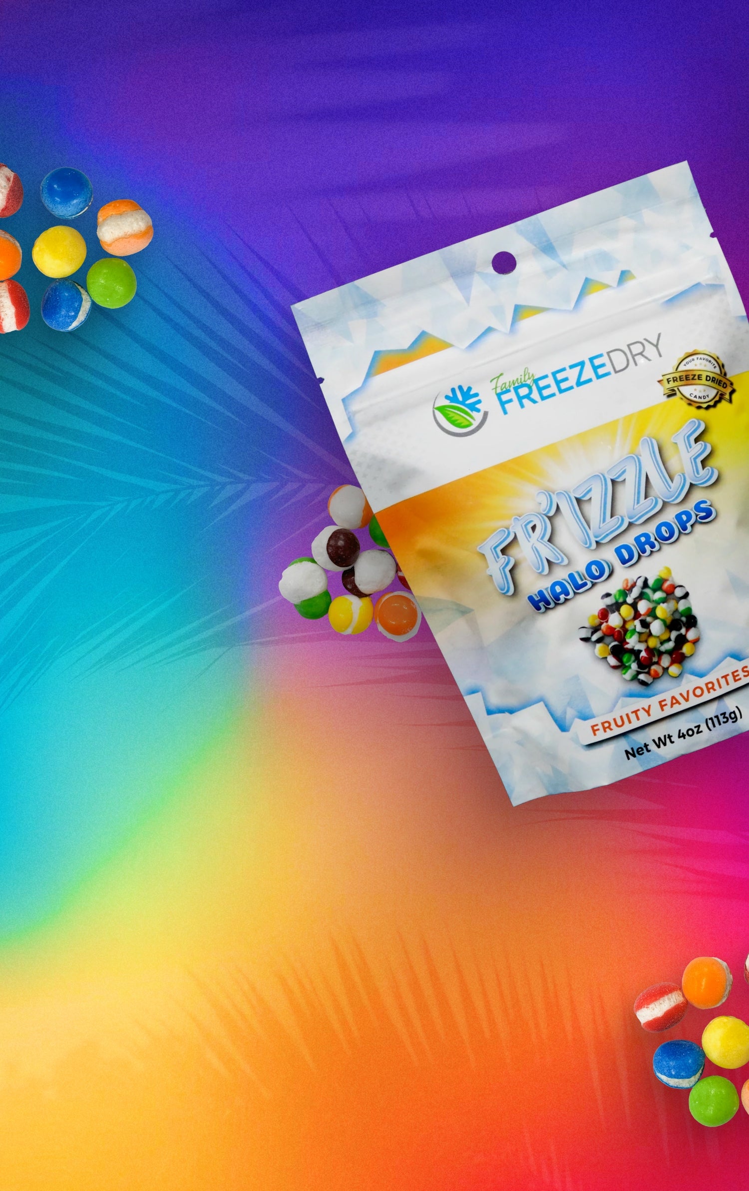 Colorful rainbow background with freeze dried Original Skittles, now Halo Drops Fruity Favorites Mobile