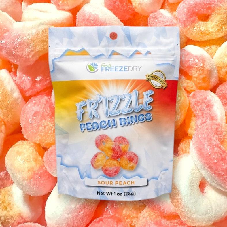 Peach Rings Bag with Freeze Dried Peach Rings Candy Background