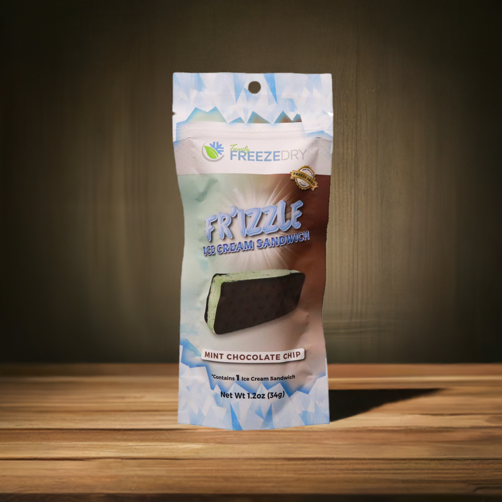 Cool and minty, this freeze-dried ice cream sandwich delivers chocolatey crunch with refreshing mint flavor in every bite.