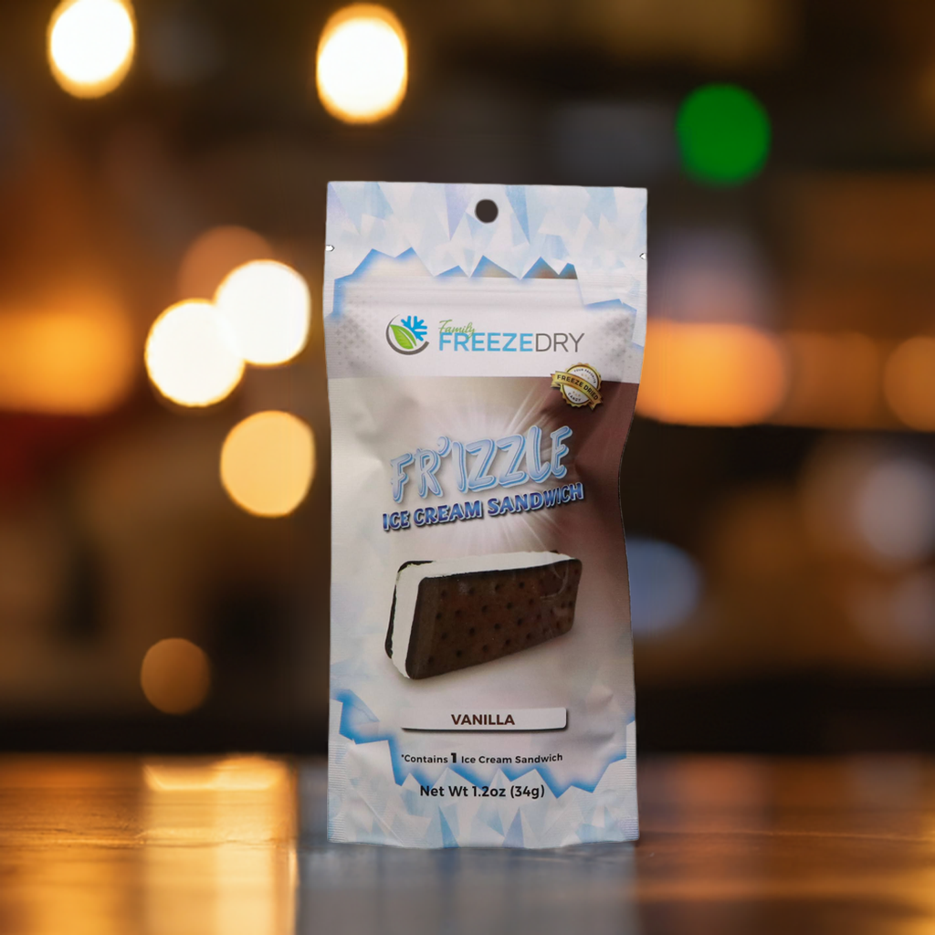 Crispy, creamy, and perfectly nostalgic – this freeze-dried vanilla ice cream sandwich from Frizzle delivers the rich taste of real ice cream in a crunchy, no-mess format. Perfect for gifting, snacking, or space-age fun!