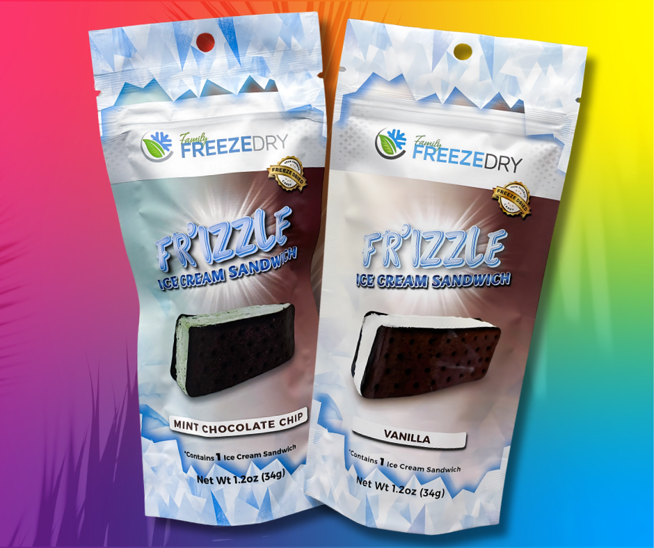 Freeze-dried vanilla and mint ice cream sandwiches by Family Freeze Dry—fun, nostalgic, and bursting with crunchy sweetness.