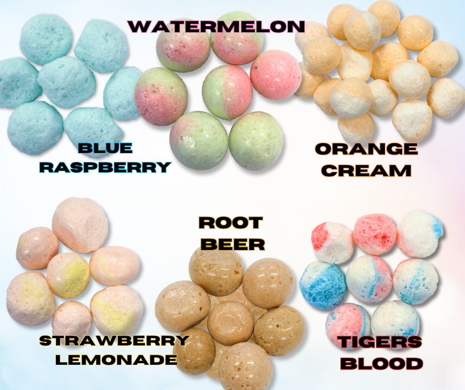 Krackles, Watermelon candy, watermelon, Blue Raspberry, Orange Cream, Strawberry Lemonade, Root Beer, Tigers Blood, Fruity, Freeze Dried Candy, Freeze Dry, Candy