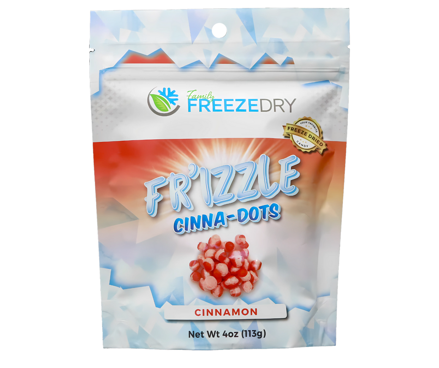 Cinna-Dots freeze-dried Red Hots candy with a spicy, cinnamon flavor and crunchy texture