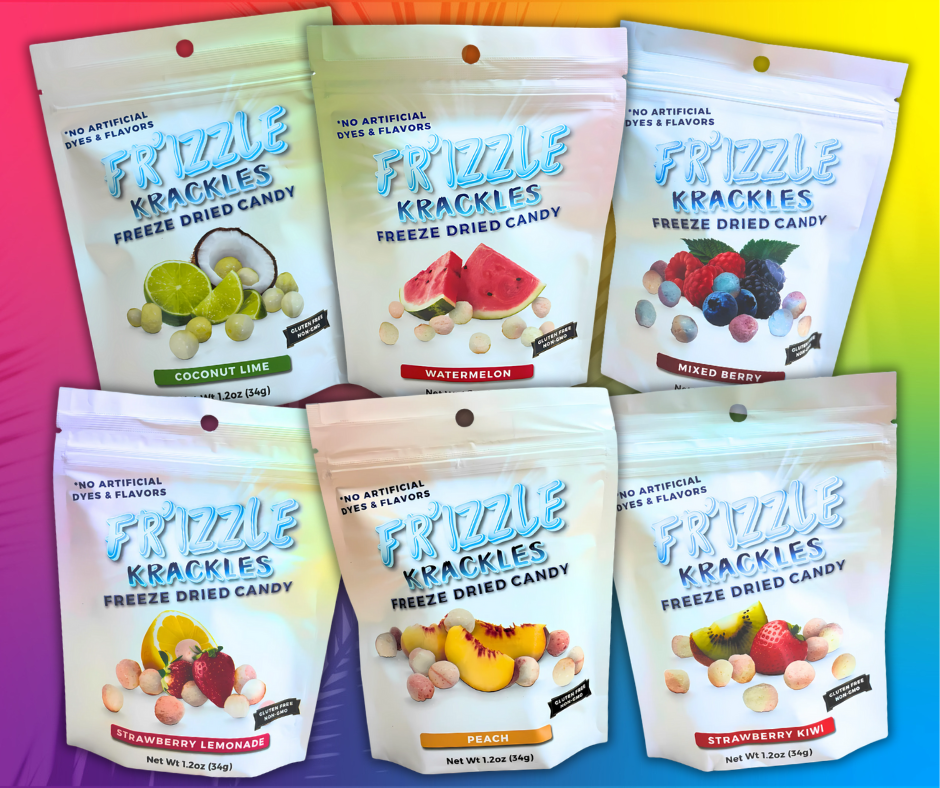 A clean-label candy display featuring Family Freeze Dry’s Krackles without artificial colors or flavors—same fun fizz, naturally bold look.