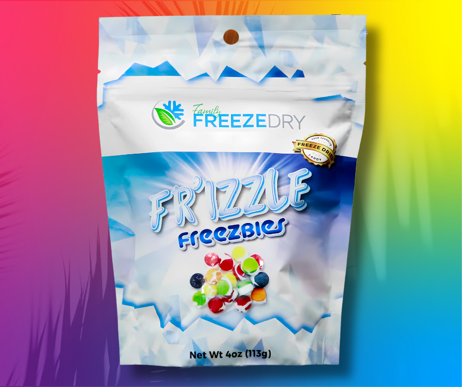 Bright, fizzy, and fruity—Freezbies (freeze-dried Sprees) pop with flavor and color against a vibrant background.
