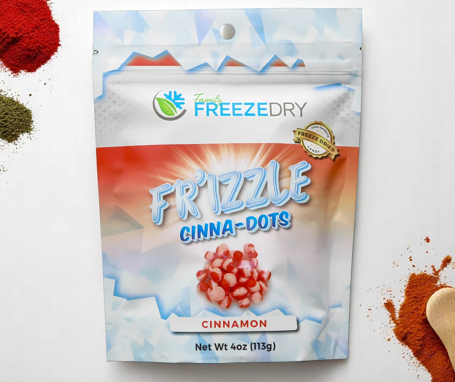 Frizzle’s Cinna Dots take classic cinnamon candy to the next level—bold, crunchy, and fiery! Freeze-dried for maximum crunch and spice, they’re a throwback treat with a modern twist.