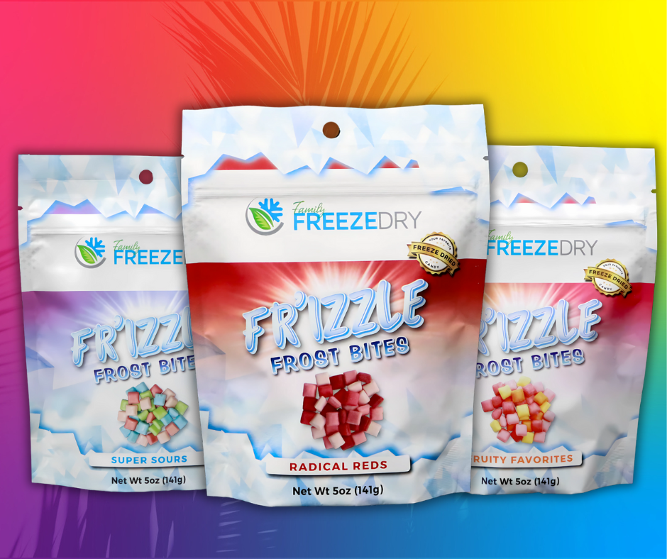 A vibrant group image of all Frost Bites varieties—featuring bold, chewy-turned-crunchy fruit flavors from Family Freeze Dry.