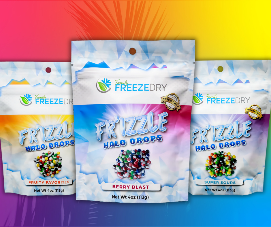 Bright and colorful image featuring all three Halo Drops flavors—Fruity Favorites, Super Sours, and Berry Blast—by Family Freeze Dry.