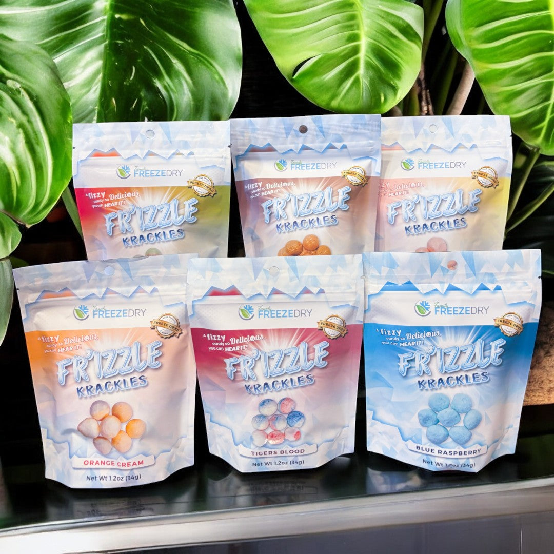 Krackles with leaves on a silver able. Flavors include watermelon, root beer, strawberry lemonade, blue raspberry, tigers blood and orange cream.