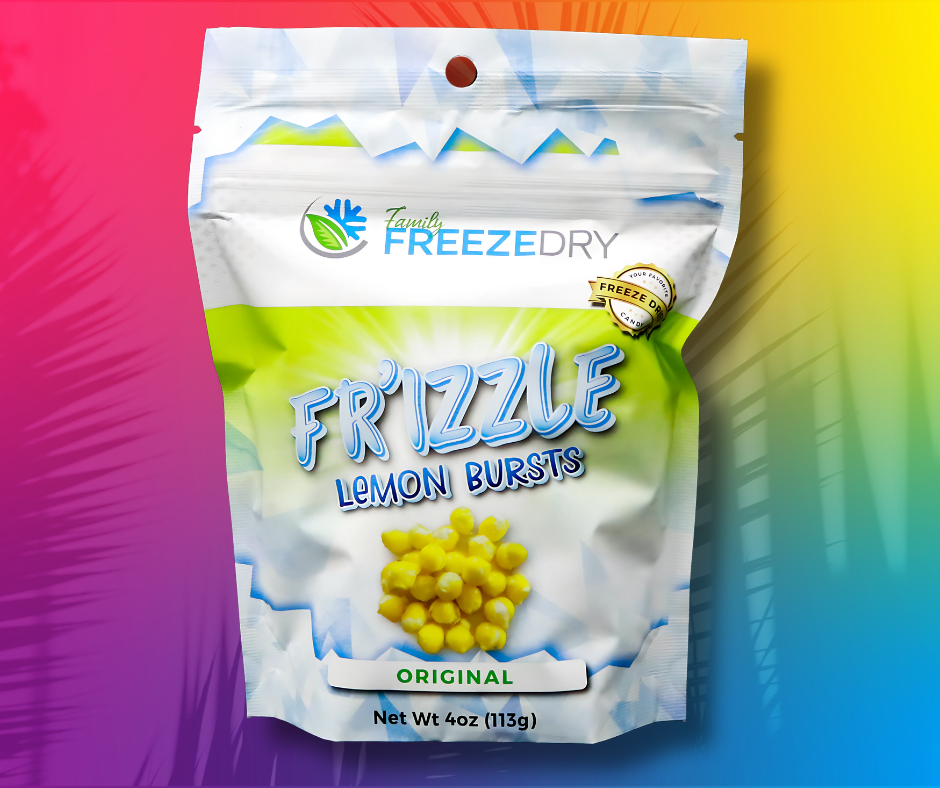 Freeze-dried to perfection, Lemon Bursts are bright, zesty, and full of citrus crunch—displayed on a bold, colorful background.