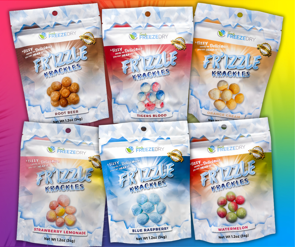A fizzy, fun-filled lineup of Family Freeze Dry’s original Krackles flavors with a bold and colorful visual pop.