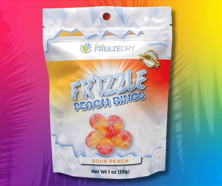 These freeze-dried Peach Rings explode with juicy peach flavor and a satisfying crunch—shown on a fun, colorful backdrop.